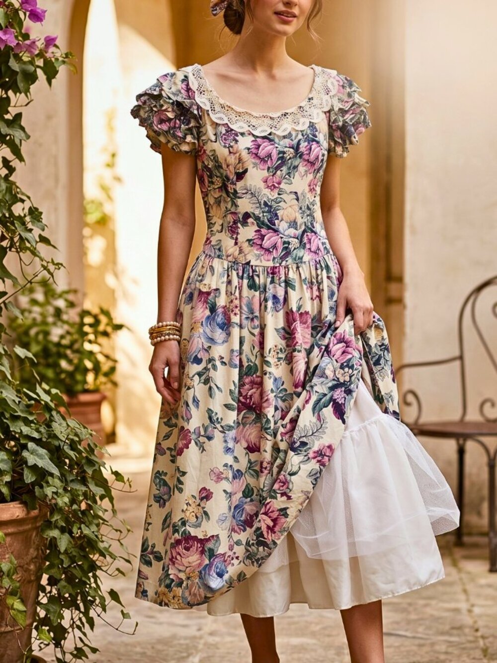 Vintage Chintz Floral Ruffle Sleeve Midi Dress S Lace Cottagecore Romantic
